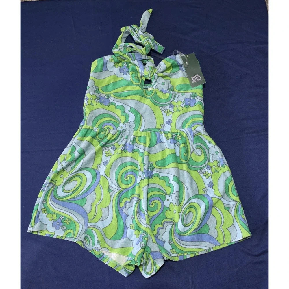 Wild Fable XS Green Blue Psychedelic Floral Terry Cloth Halter Romper NWT